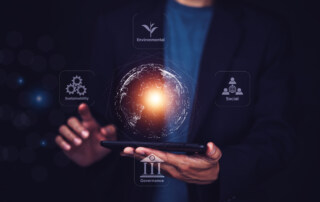 Businessman Environment social and governance in sustainable ethical business. Hand holding crystal globe with network connection and ESG icons.